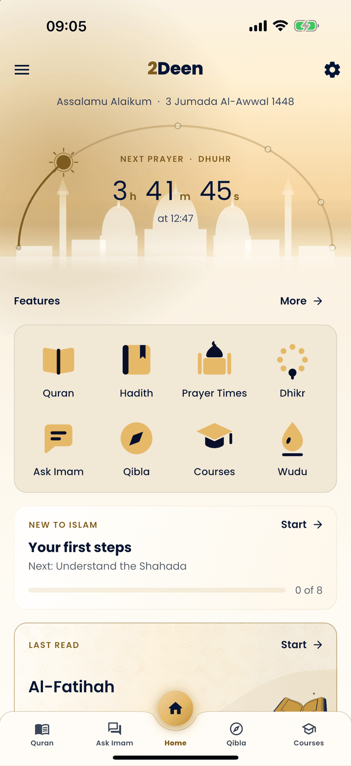 The 2Deen home screen: the next prayer, and the app’s features