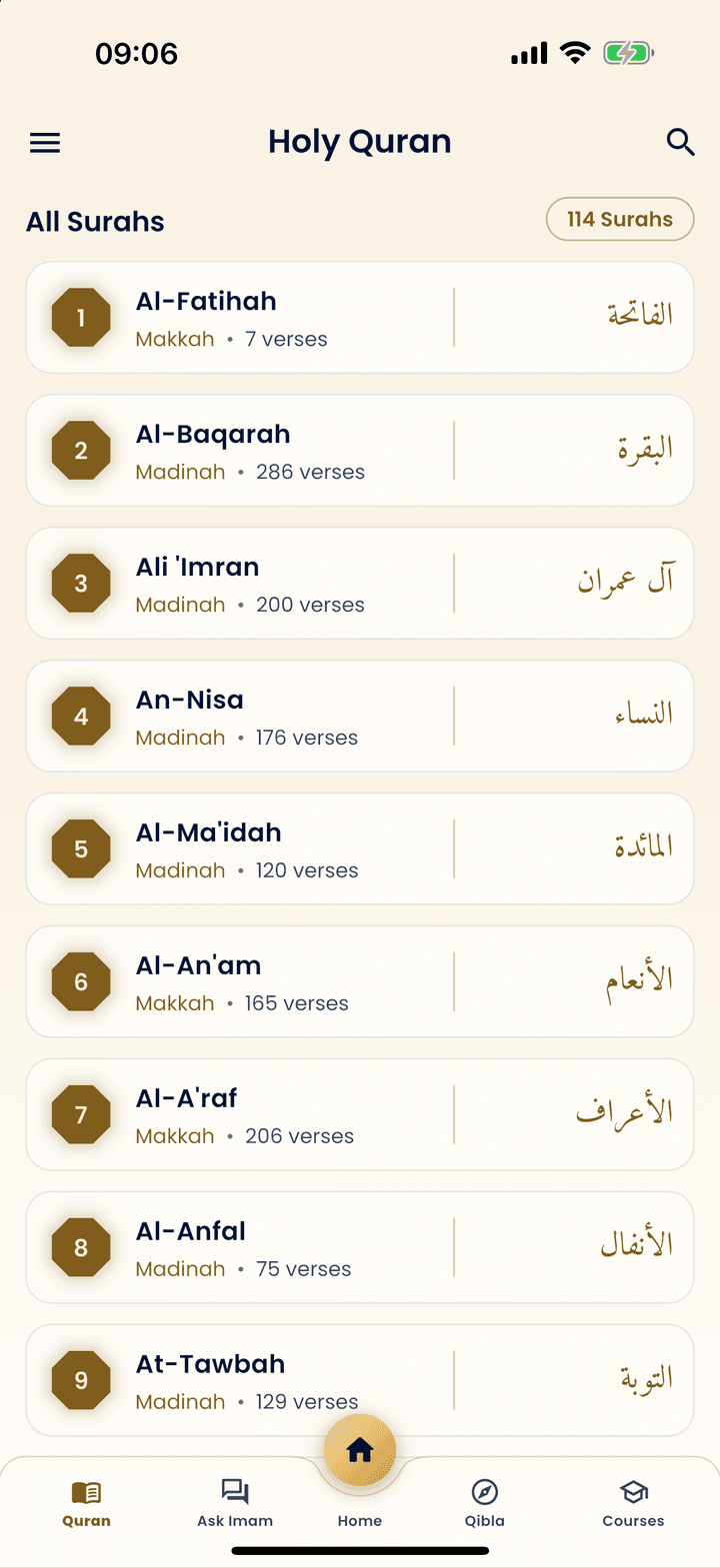 The list of the surahs of the Quran